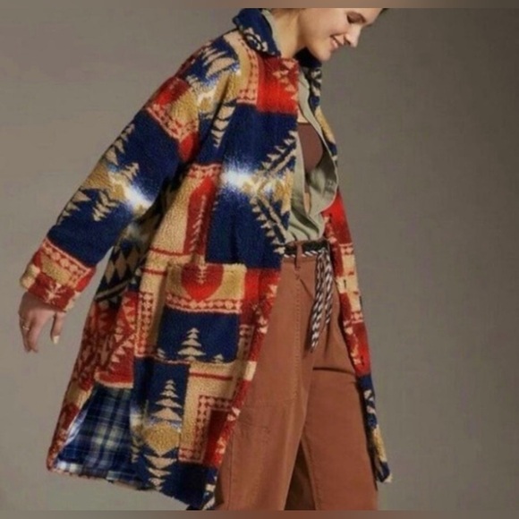 Pilcro Anthropologie Sherpa large l oversized southwest Aztec print teddy jacket - Picture 2 of 10